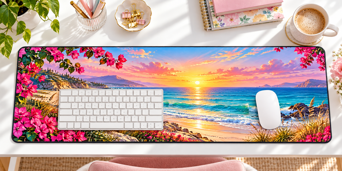 Coastal Sunrise Escape Desk Mat — overhead workspace mockup