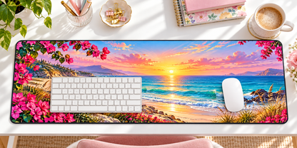 Coastal Sunrise Escape Desk Mat — overhead workspace mockup