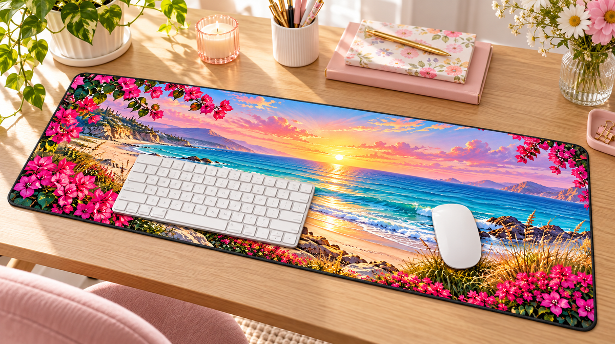 Coastal Sunrise Escape Desk Mat — angled workspace mockup