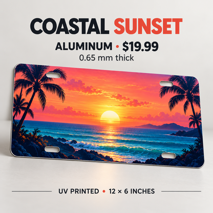 Coastal Sunset palm tree beach license plate 0.65 mm aluminum $19.99