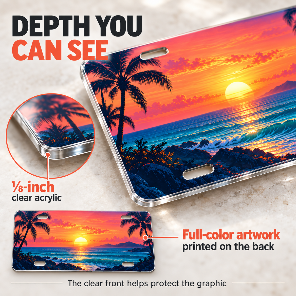 Coastal Sunset palm tree beach license plate one-eighth-inch acrylic edge and reverse UV print detail