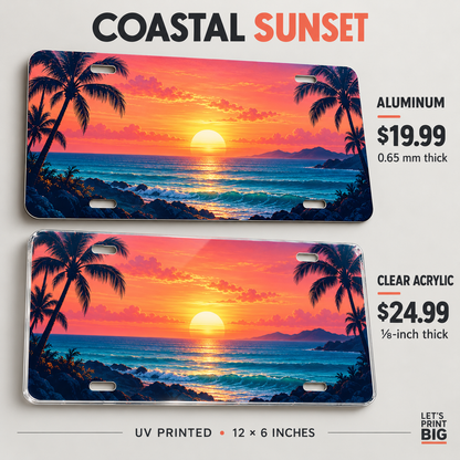 Coastal Sunset palm tree beach license plate: 0.65 mm aluminum $19.99 and one-eighth-inch acrylic $24.99