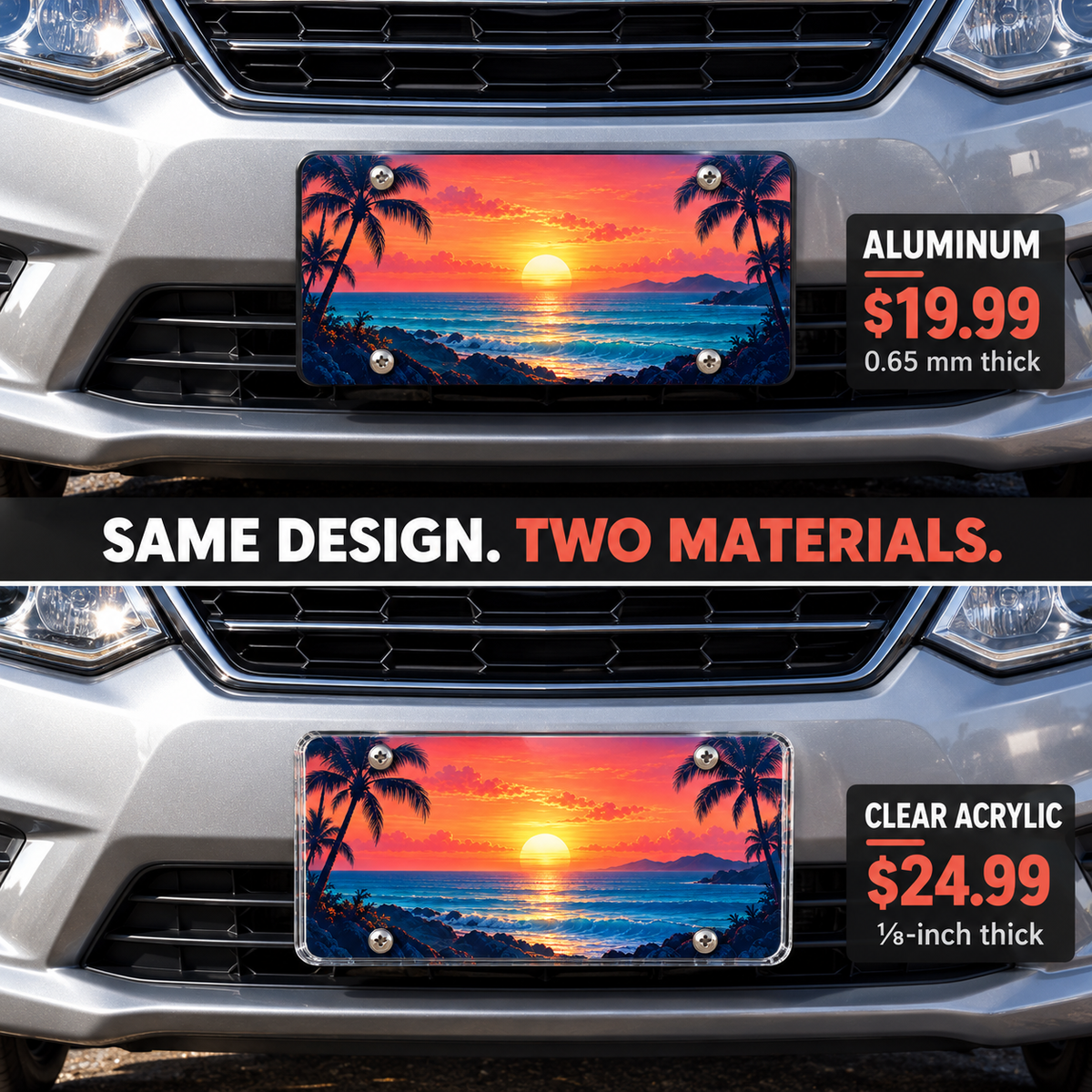 Coastal Sunset license plate mounted on a vehicle in 0.65 mm aluminum and one-eighth-inch acrylic