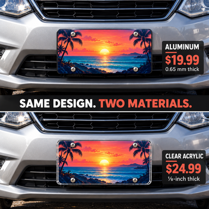 Coastal Sunset license plate mounted on a vehicle in 0.65 mm aluminum and one-eighth-inch acrylic