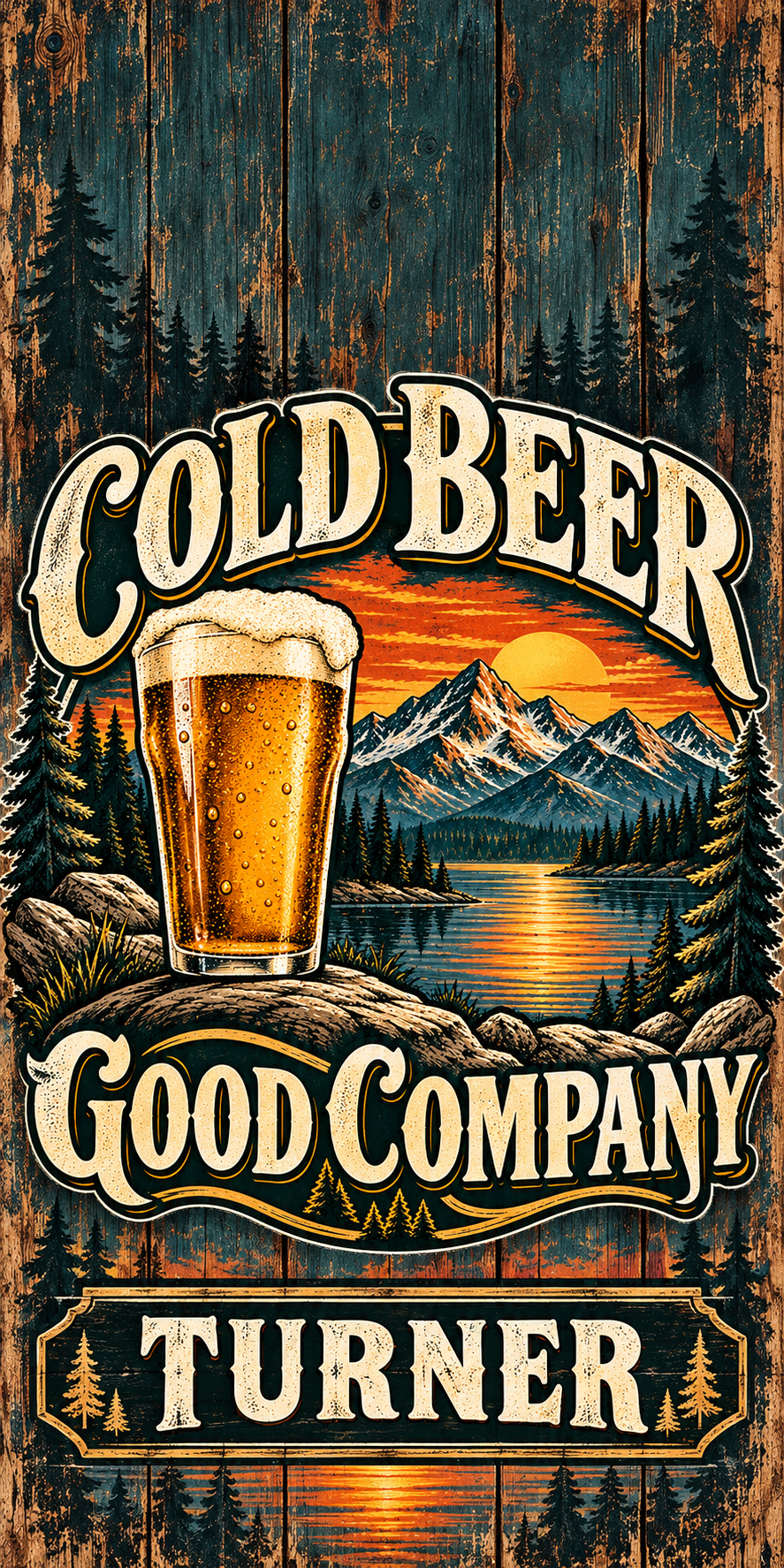 Cold Beer Good Company Personalized Cornhole Board Wraps — flat artwork with no hole; example name TURNER