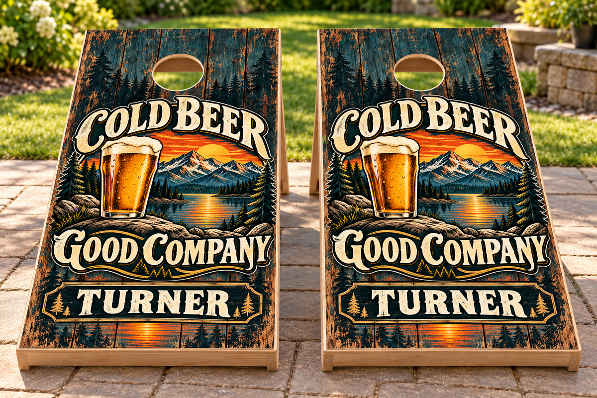 Cold Beer Good Company Personalized Cornhole Board Wraps — matching boards mockup; boards not included