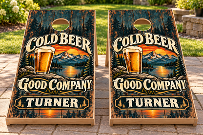 Cold Beer Good Company Personalized Cornhole Board Wraps — matching boards mockup; boards not included