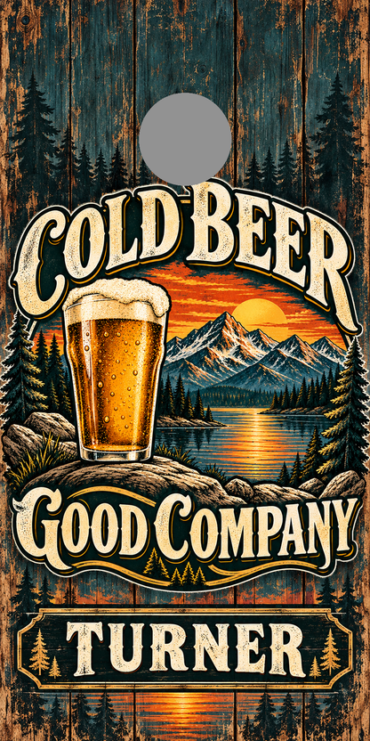 Cold Beer Good Company Personalized Cornhole Board Wraps — gray hole-position proof marker; not printed