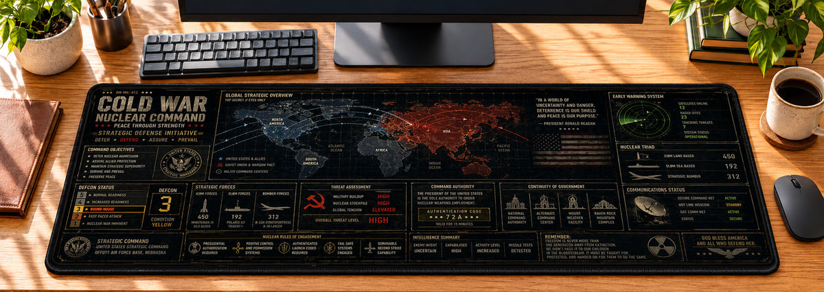 Cold War Nuclear Command Desk Mat in use on a warm wood office desk — overhead workspace view