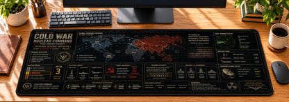 Cold War Nuclear Command Desk Mat in use on a warm wood office desk — overhead workspace view