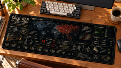 Cold War Nuclear Command Desk Mat in use on a warm wood office desk — angled workspace view