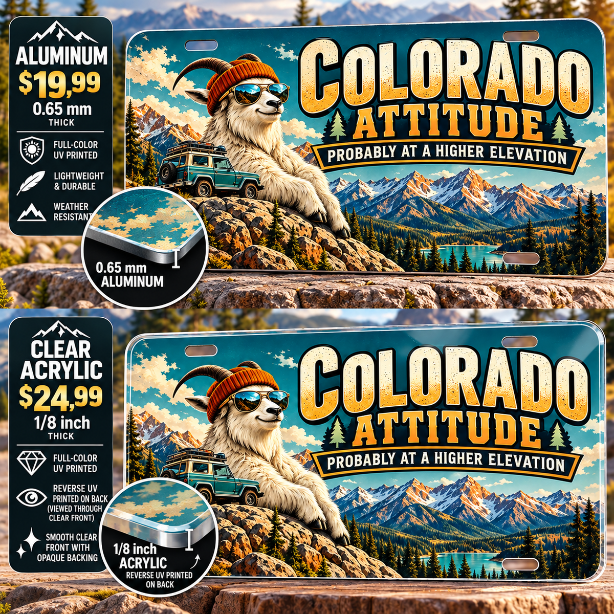 Colorado Altitude Attitude funny license plate — 0.65 mm aluminum and ⅛-inch acrylic edge detail