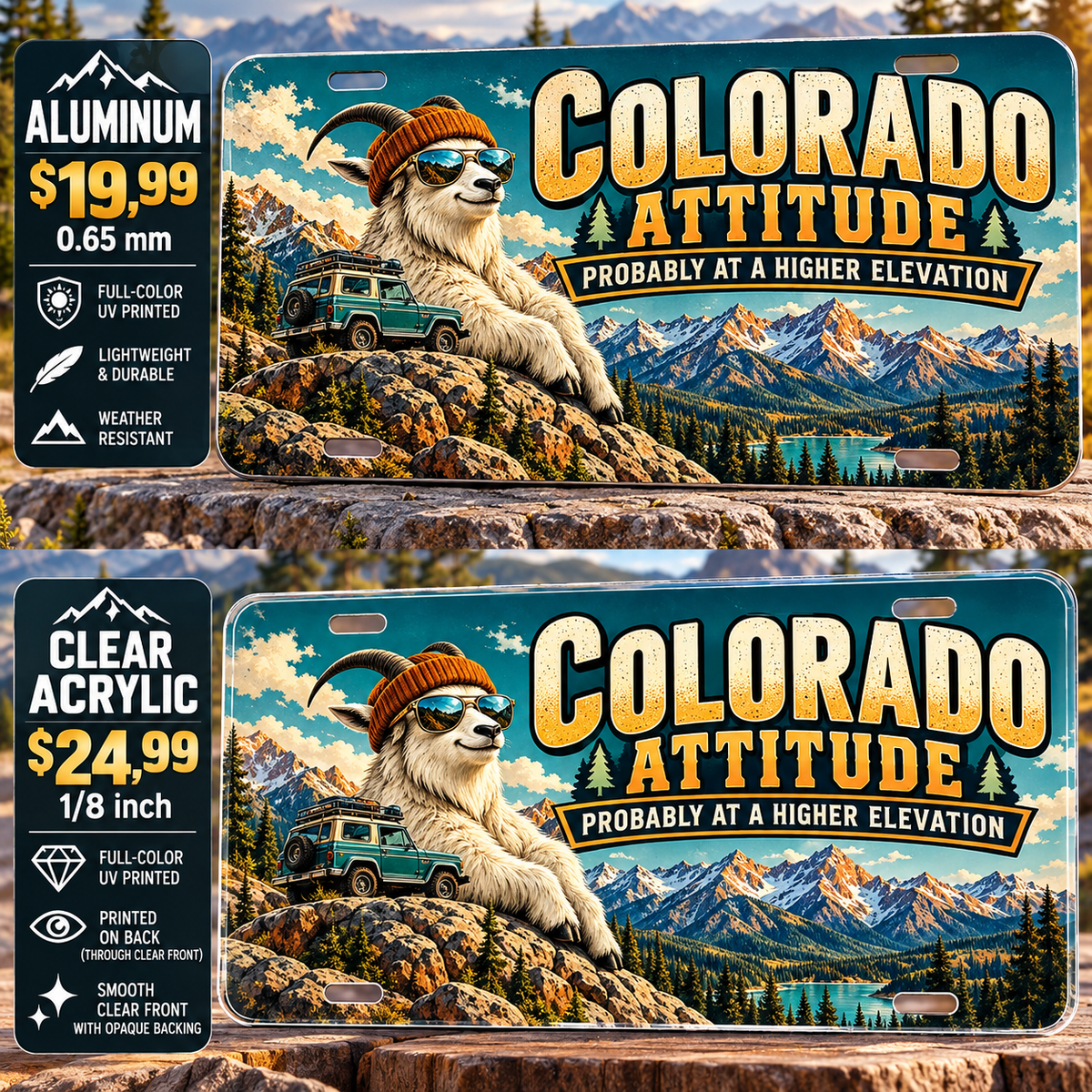 Colorado Altitude Attitude funny license plate — aluminum $19.99 and clear acrylic $24.99 comparison