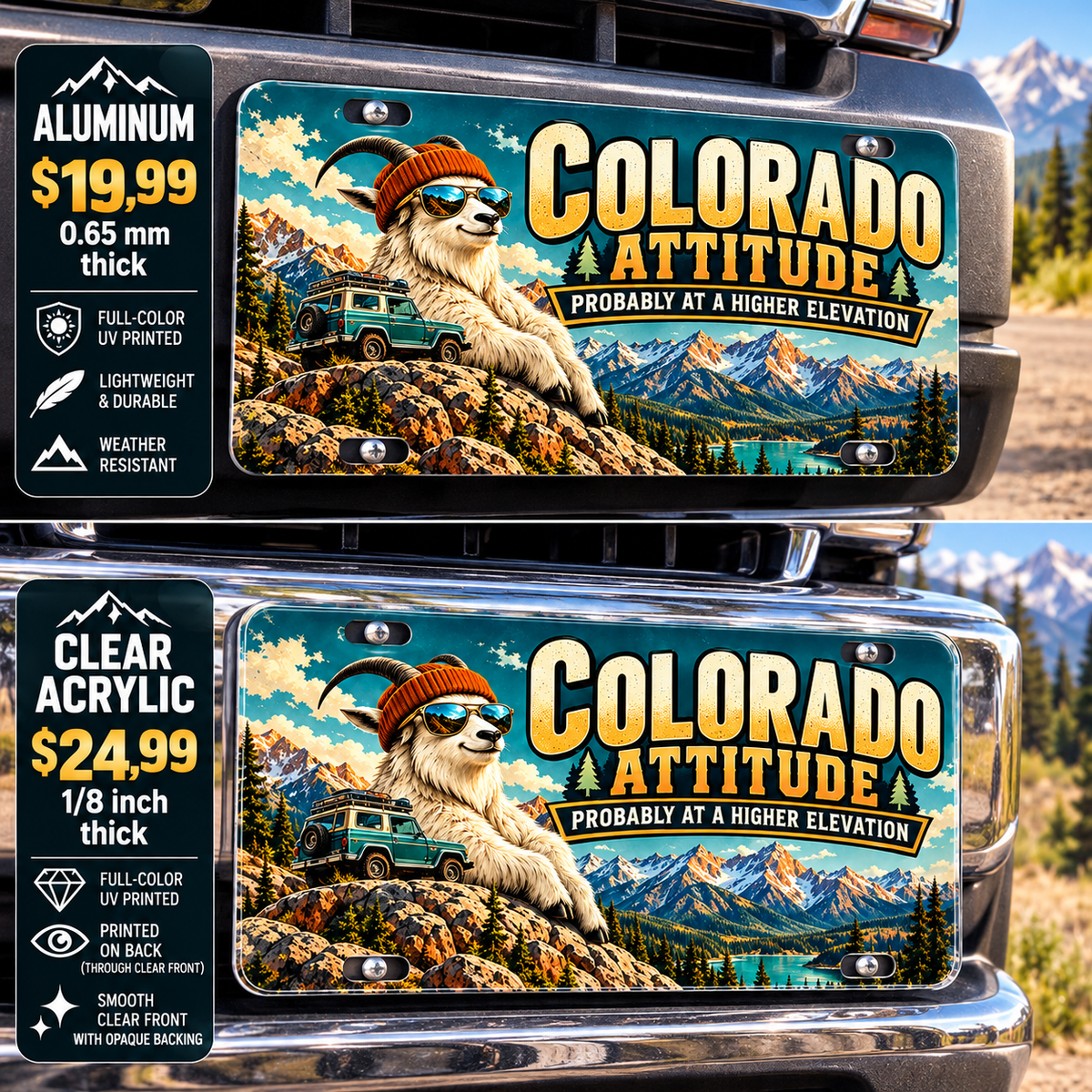 Colorado Altitude Attitude funny license plate — aluminum and acrylic vehicle mockups