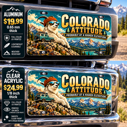 Colorado Altitude Attitude funny license plate — aluminum and acrylic vehicle mockups