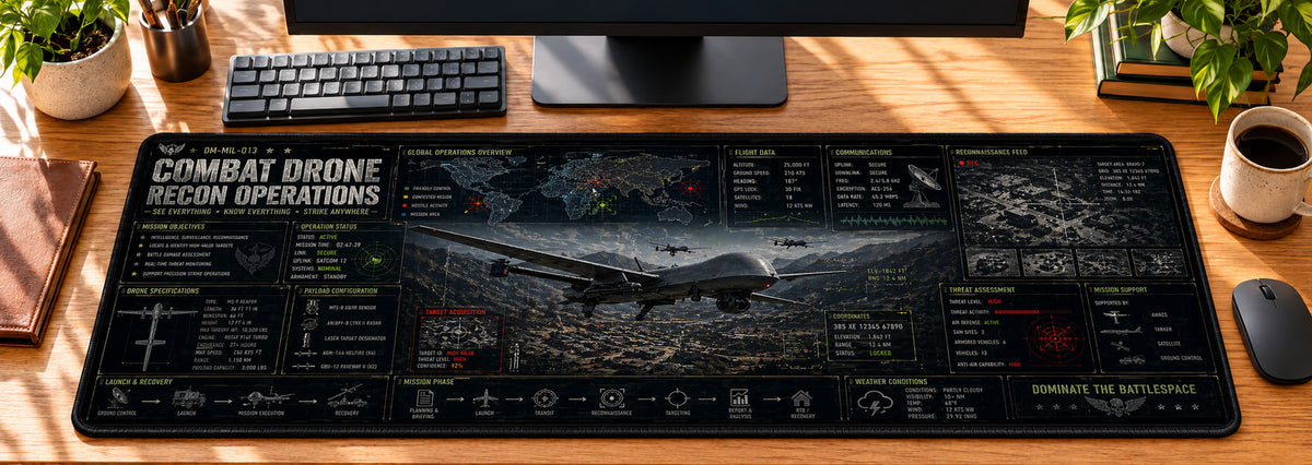Combat Drone Recon Operations Desk Mat in use on a warm wood office desk — overhead workspace view