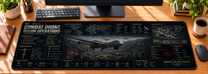 Combat Drone Recon Operations Desk Mat in use on a warm wood office desk — overhead workspace view