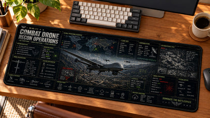 Combat Drone Recon Operations Desk Mat in use on a warm wood office desk — angled workspace view