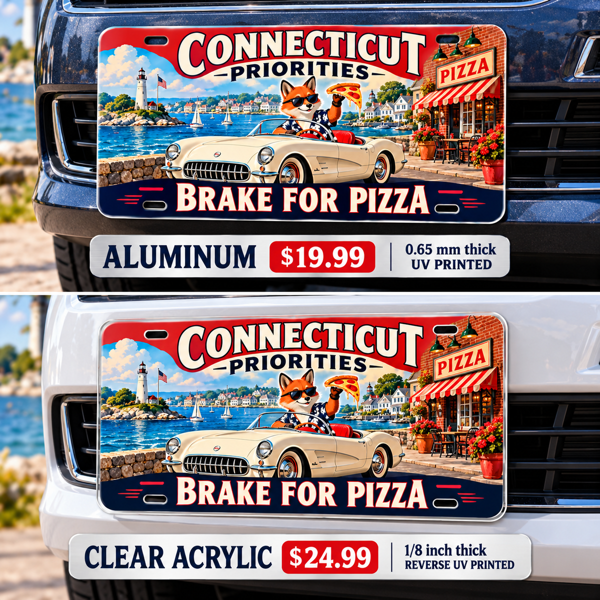Connecticut Pizza Priorities funny license plate — aluminum and acrylic vehicle mockups