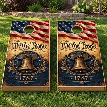 Constitution Liberty Seal Cornhole Board Wraps installed on two boards; boards not included