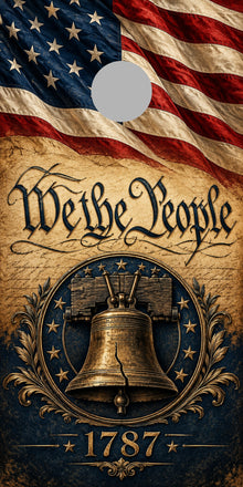 Constitution Liberty Seal Cornhole Board Wraps proof with regulation gray hole-position marker