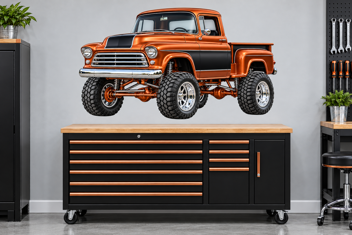 Copper & Black Classic Lifted Truck Contour Cut Decal – Indoor or Outdoor garage mockup, illustrative size