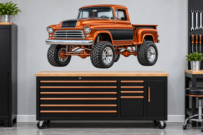 Copper & Black Classic Lifted Truck Contour Cut Decal – Indoor or Outdoor garage mockup, illustrative size