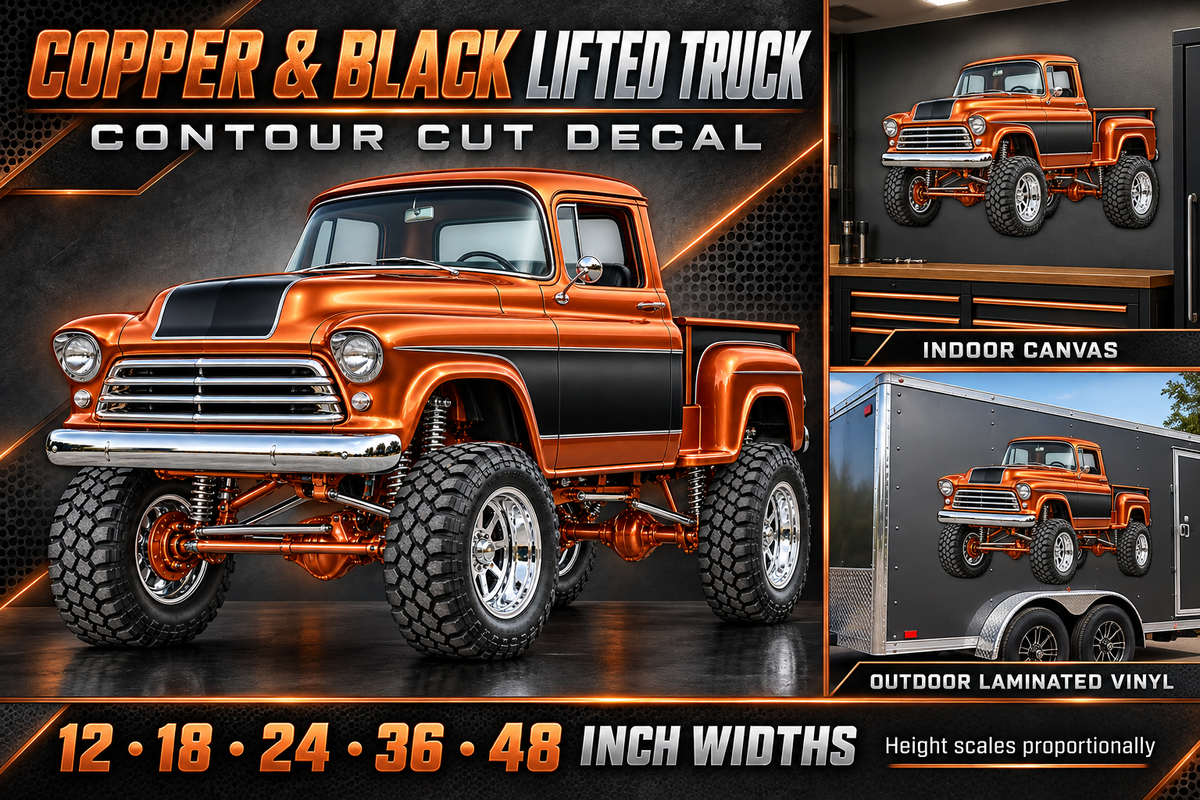 Copper & Black Classic Lifted Truck Contour Cut Decal – Indoor or Outdoor showcase with sizes and materials