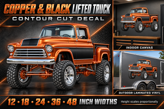 Copper & Black Classic Lifted Truck Contour Cut Decal – Indoor or Outdoor showcase with sizes and materials