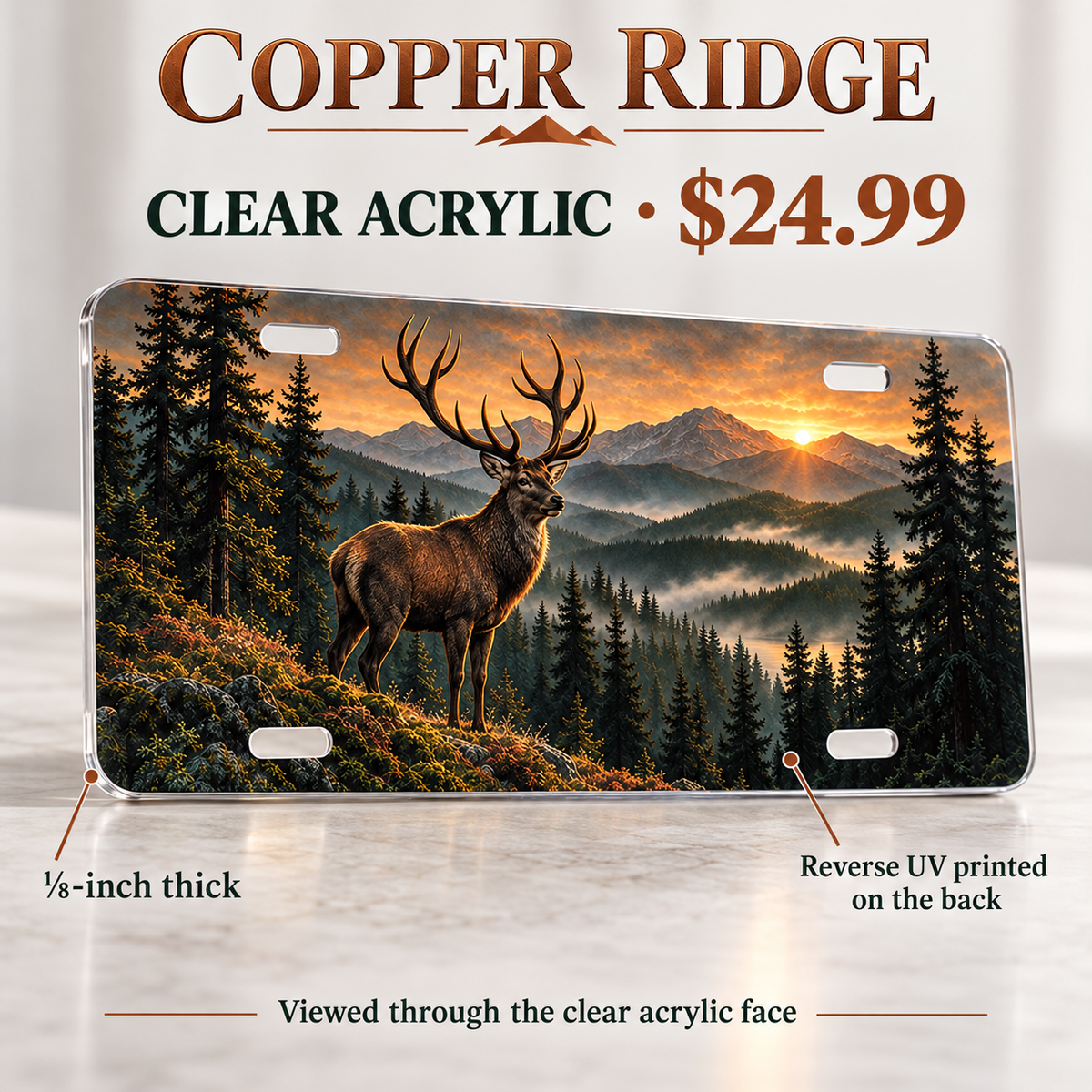 Copper Ridge woodland stag license plate — one-eighth-inch acrylic, $24.99