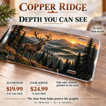 Copper Ridge woodland stag license plate — one-eighth-inch acrylic edge and reverse UV printing detail