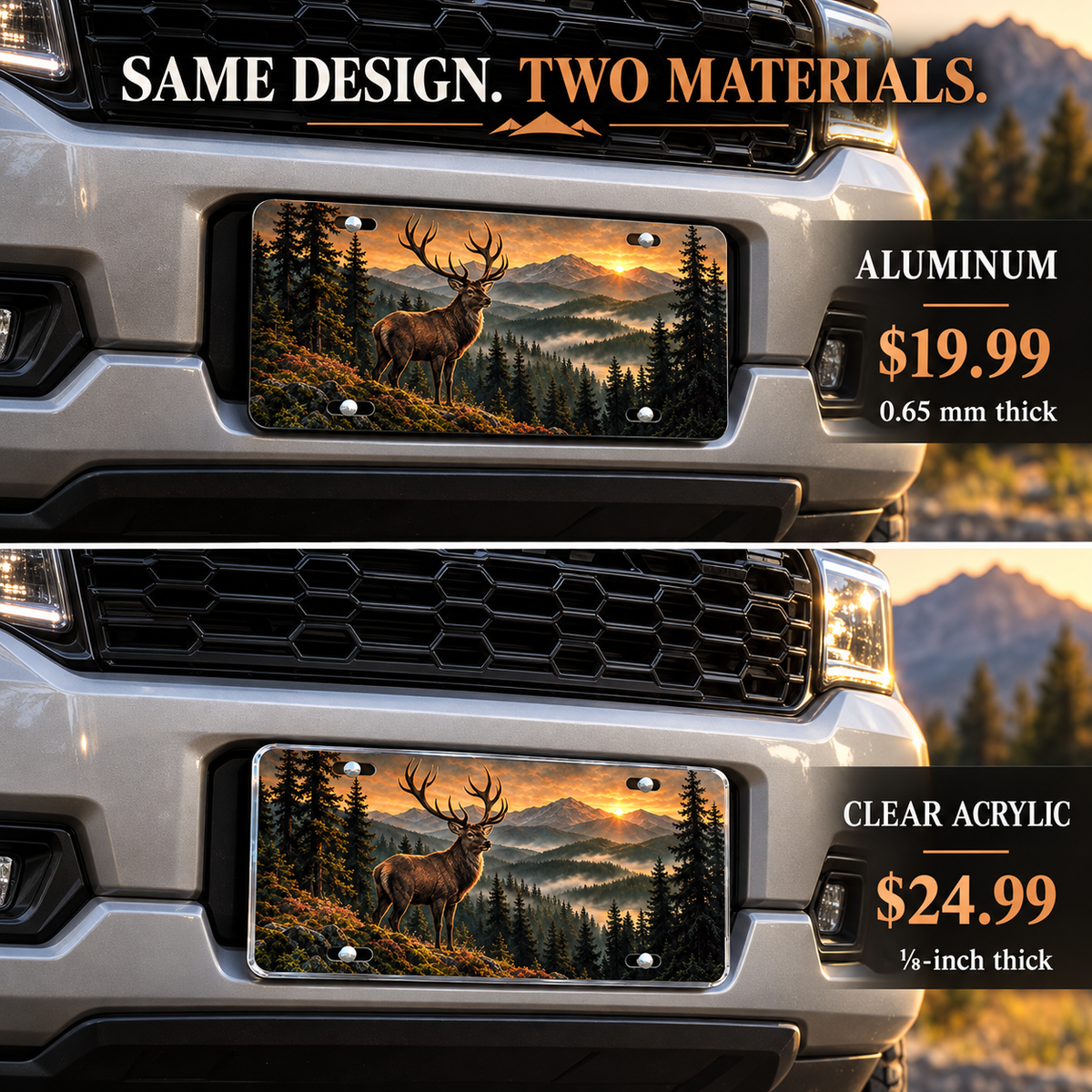 Copper Ridge woodland stag license plate — vehicle-mounted aluminum and acrylic comparison