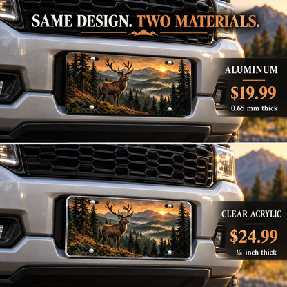 Copper Ridge woodland stag license plate — vehicle-mounted aluminum and acrylic comparison