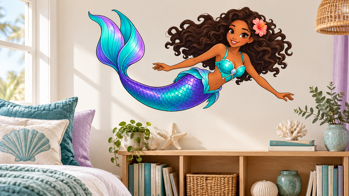Coral Cove Mermaid wall decal bedroom mockup, illustrative size