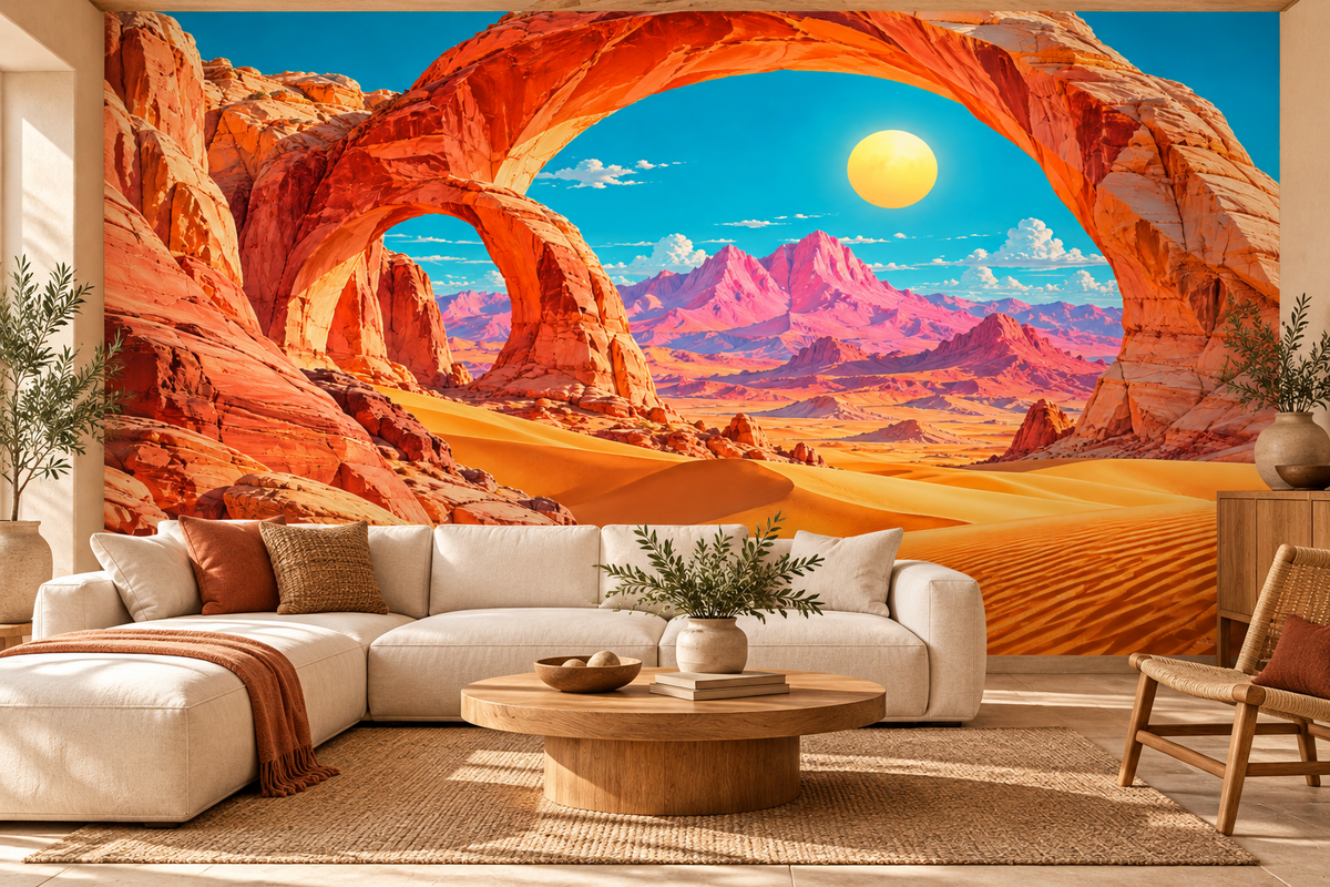 Coral Desert Arches Wall Mural installed in a warm contemporary living room