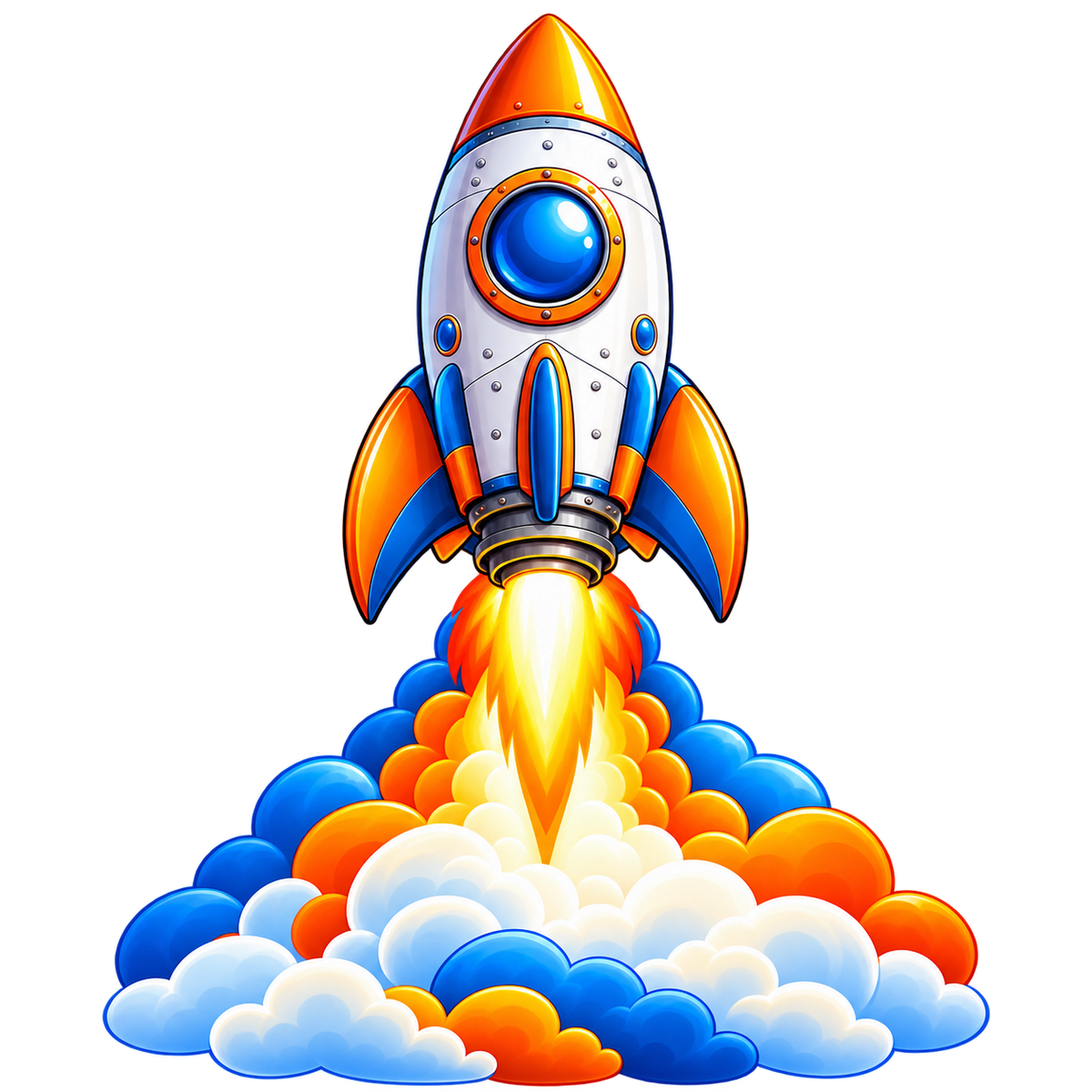 Simplified rocket, flame and clouds — standalone decal only