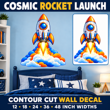 Cosmic Rocket Launch – Boys Room Wall Decal summary and bedroom mockup – 12 to 48 inch widths