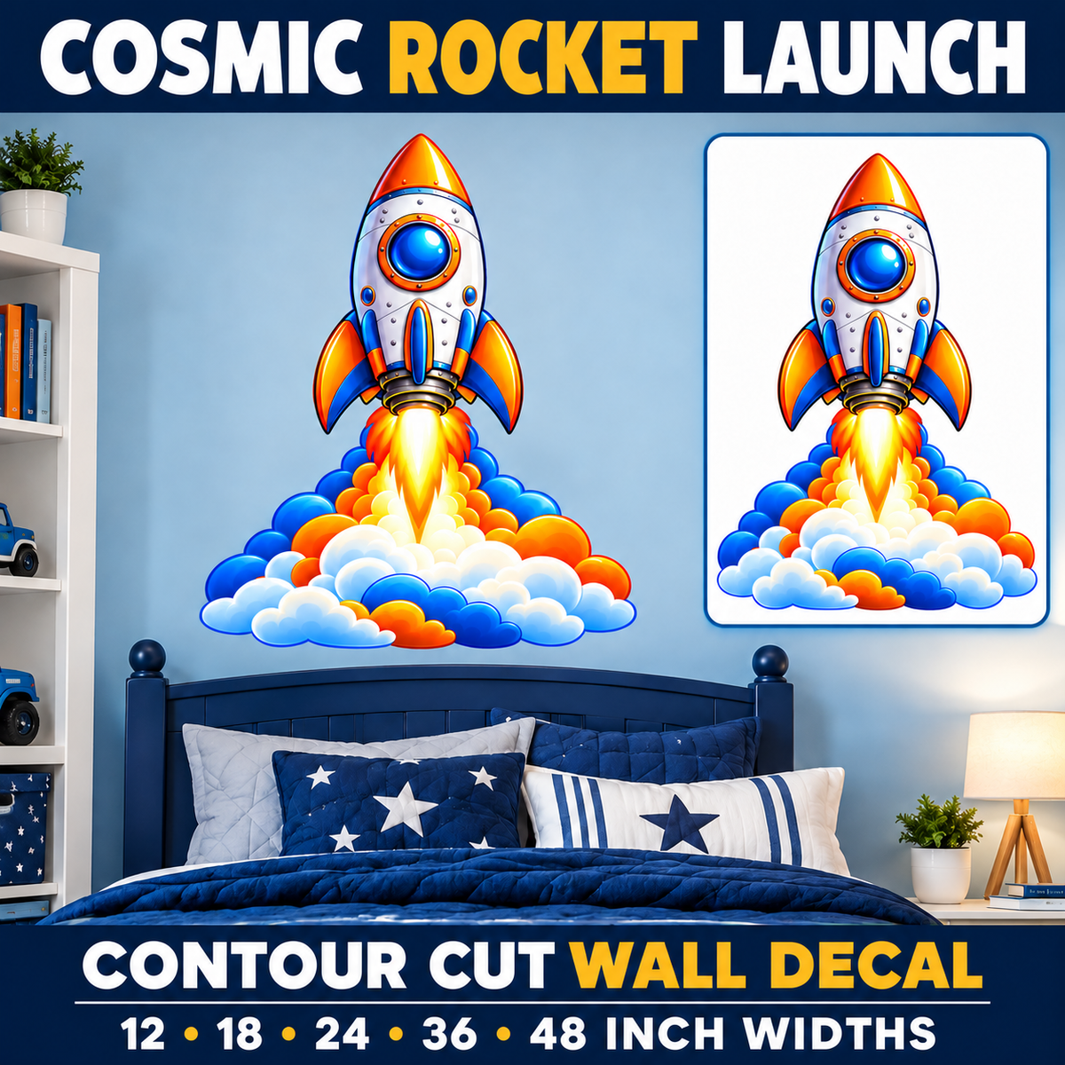 Cosmic Rocket Launch – Boys Room Wall Decal summary and bedroom mockup – 12 to 48 inch widths