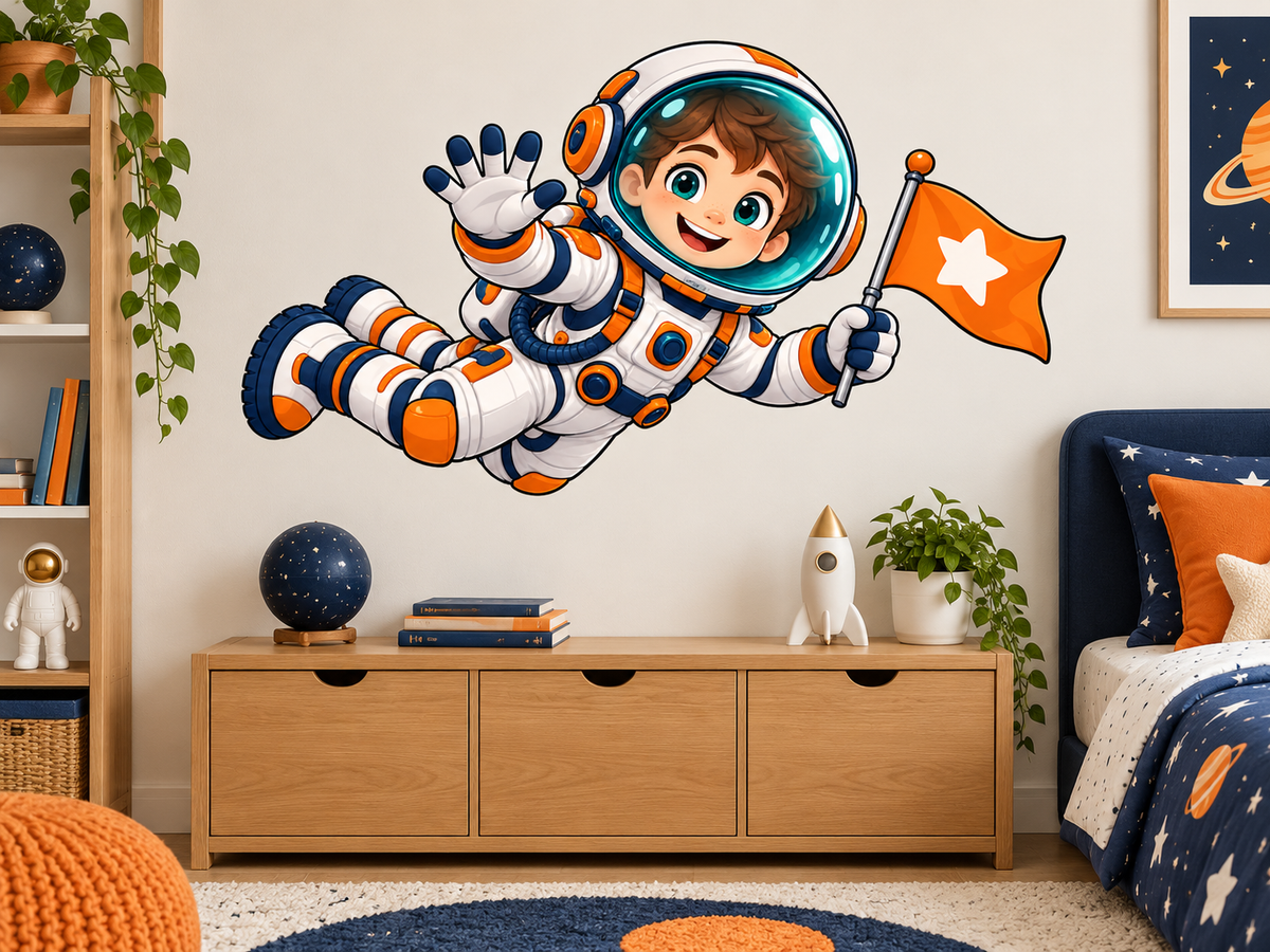 Cosmic Explorer Astronaut Large Wall Decal room mockup, illustrative size