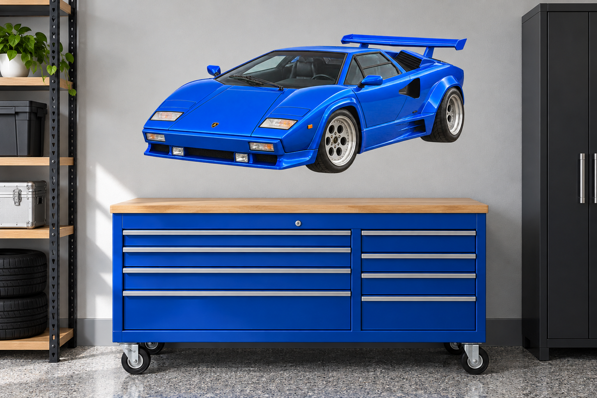 Electric Blue Lamborghini Countach garage wall decal preview