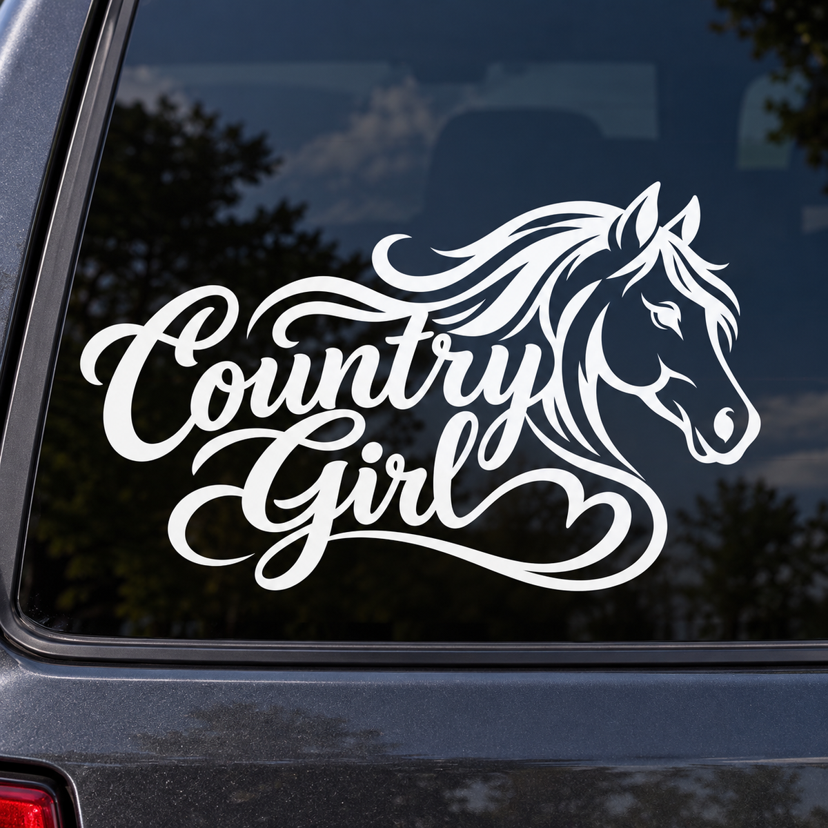 White Country Girl horse decal on a tinted car window