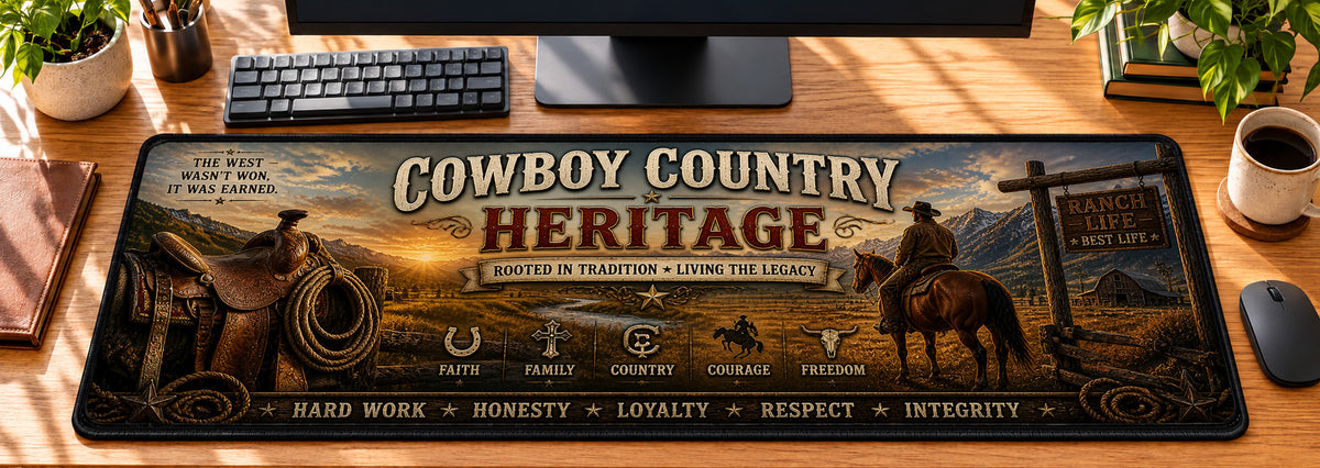 Cowboy Country Heritage Desk Mat in use on a warm wood office desk — overhead workspace view