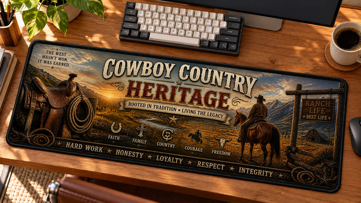 Cowboy Country Heritage Desk Mat in use on a warm wood office desk — angled workspace view