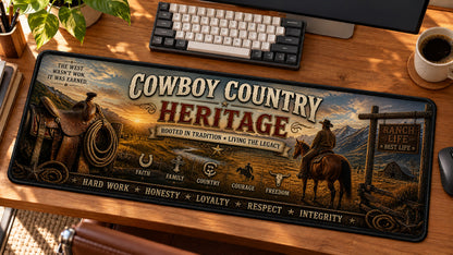 Cowboy Country Heritage Desk Mat in use on a warm wood office desk — angled workspace view
