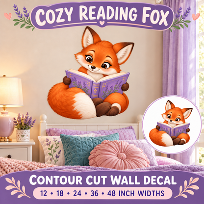 Cozy Reading Fox – Girls Room Wall Decal summary and bedroom mockup – 12 to 48 inch widths