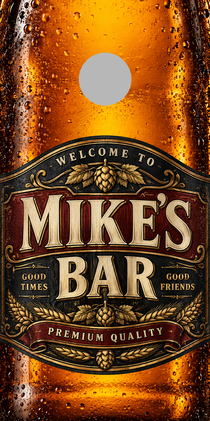 Personalized craft beer bar label wrap with regulation 6-inch hole-position proof marker; gray circle is not printed