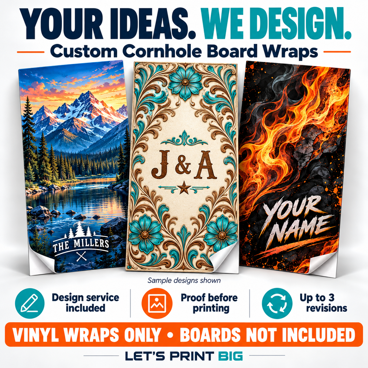 Custom cornhole board wrap design service with sample personalized vinyl wraps, proof approval and up to three revisions; boards not included.
