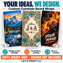 Custom cornhole board wrap design service with sample personalized vinyl wraps, proof approval and up to three revisions; boards not included.