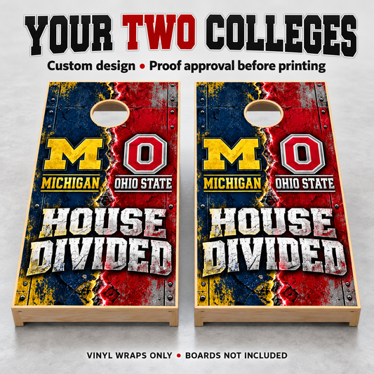 Custom House Divided college cornhole wraps with Michigan and Ohio State example; choose two colleges, proof approval before printing, boards not included