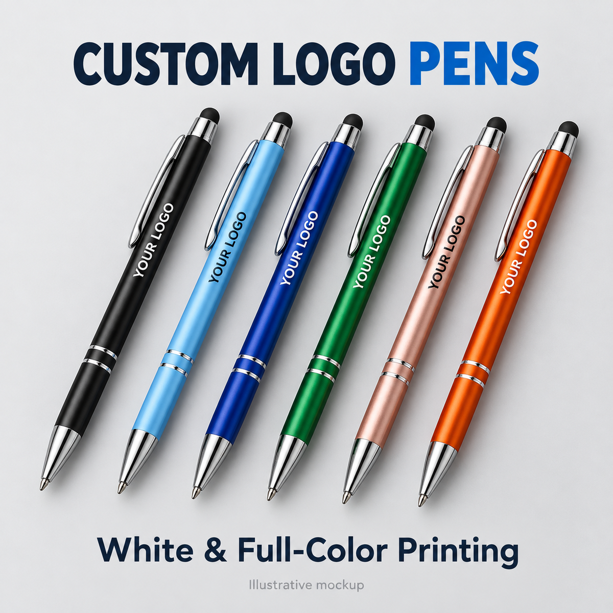Six custom logo stylus pen colors with sample lettering — illustrative mockup